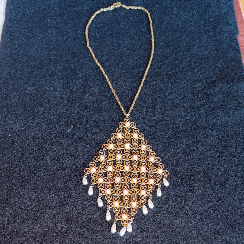 Vintage Golden Petals Filigree Chandelier Statement Necklace with Pearl Drops